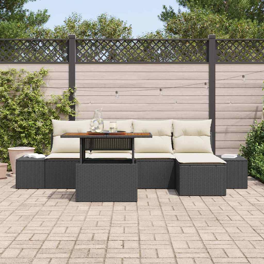 vidaXL 6-delige tuinset met kussens in zwart poly rattan en acacia