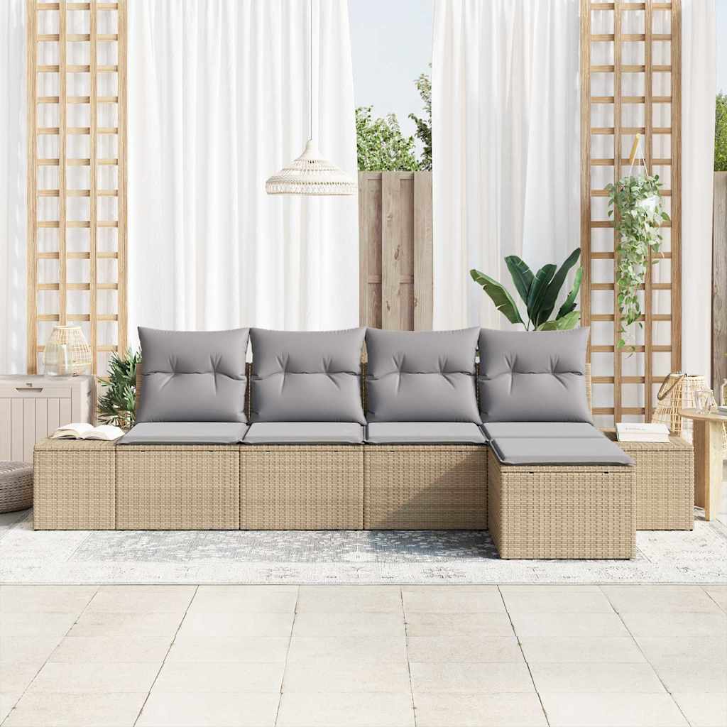 vidaXL 5-delige tuinsofa set met kussens in beige poly rattan
