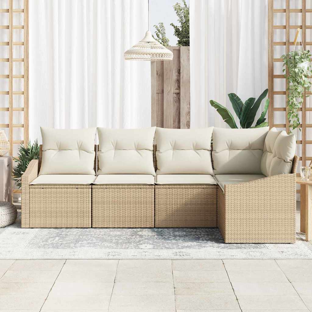 vidaXL 5-delige eetset voor in de tuin met kussens, beige poly rattan