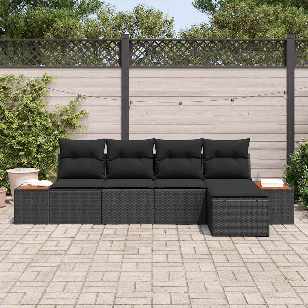 vidaXL 5-delige tuinsofa set met kussens, zwart poly rattan en acacia