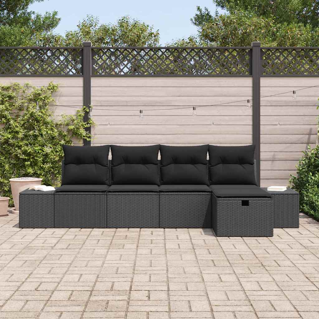 vidaXL 5-delige Tuinbankenset met kussens poly rattan zwart