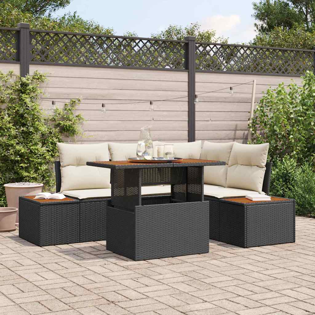 vidaXL 5-delige tuinset met kussens zwart poly rattan acacia
