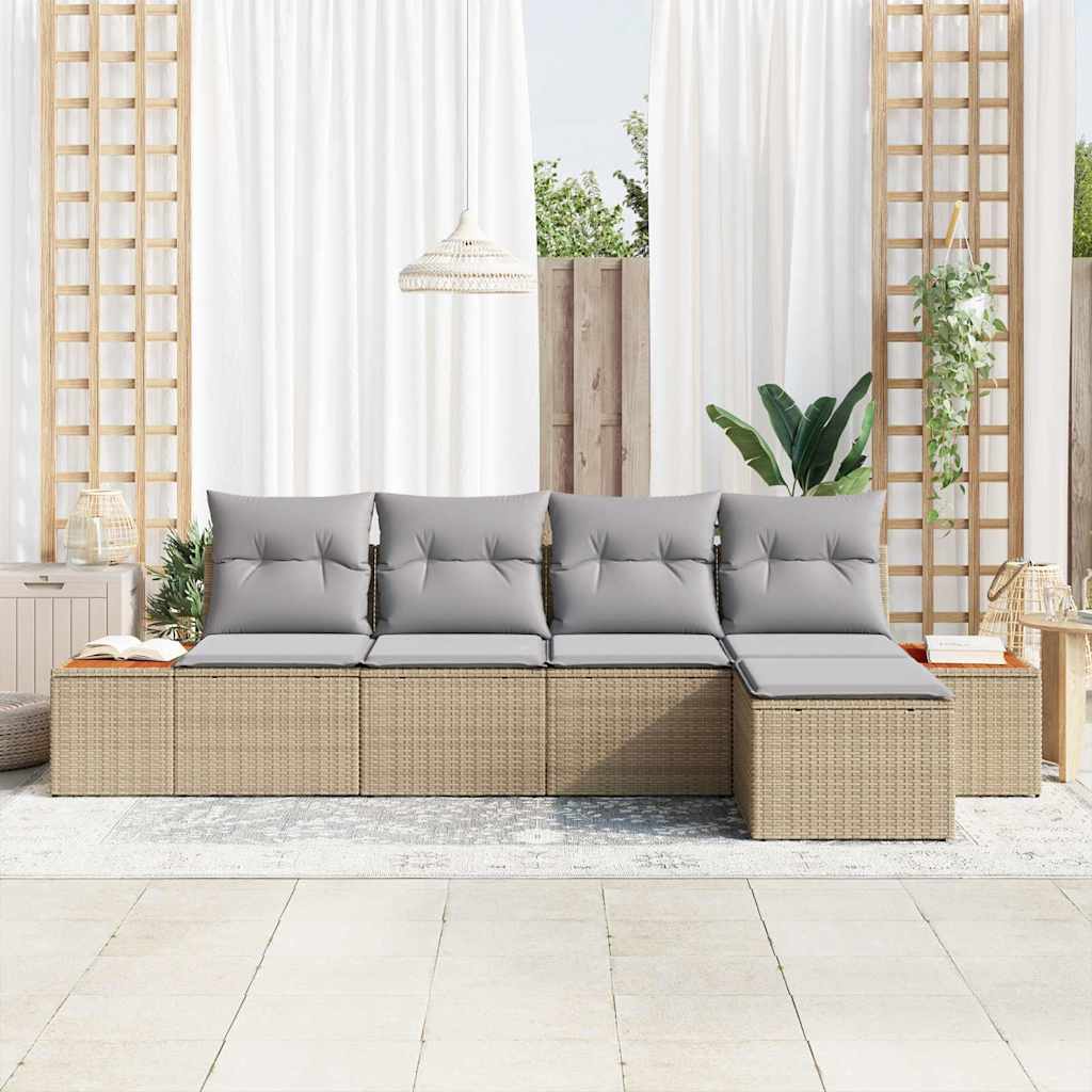 vidaXL 5-delige Tuin Sofaset met Kussens in Beige van Poly Rattan en Acacia