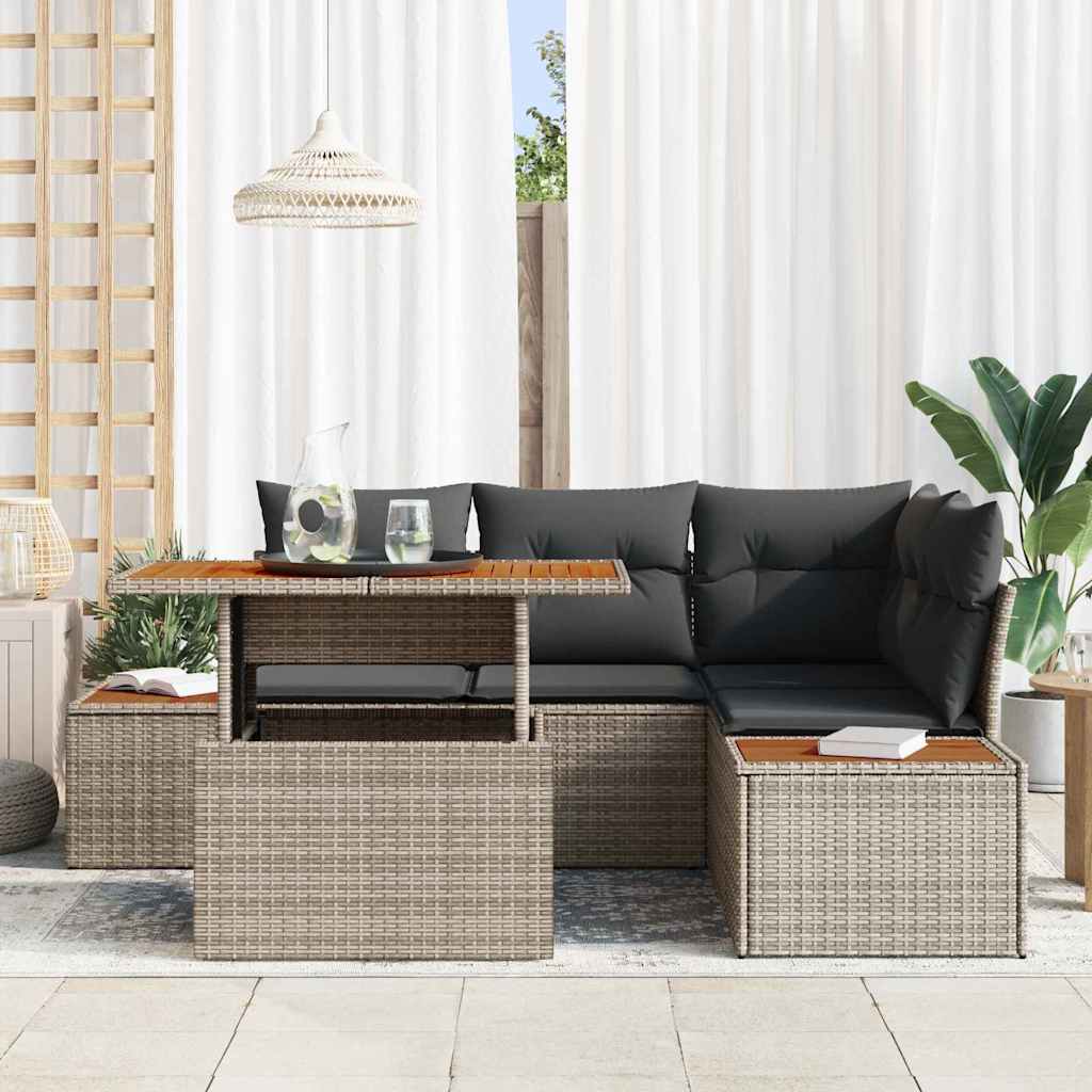 vidaXL 5-delige tuinset met kussens in grijs poly rattan en acacia
