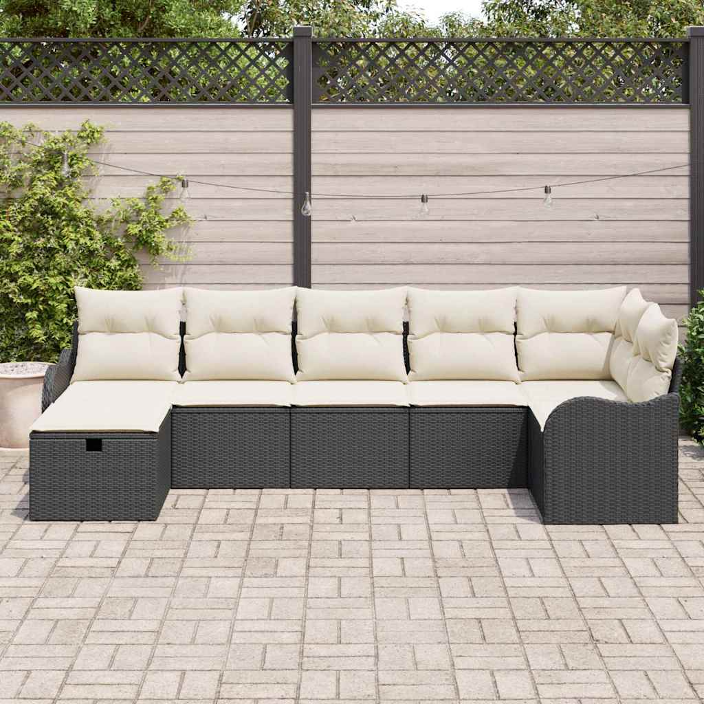 vidaXL 7-delige ligbed set met kussens zwart poly rattan