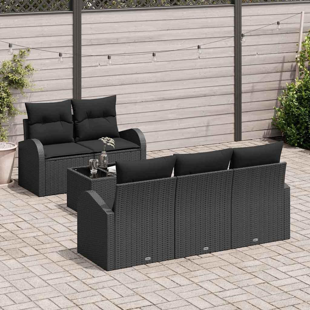 vidaXL 6-delige Tuinbankenset met kussens poly rattan zwart