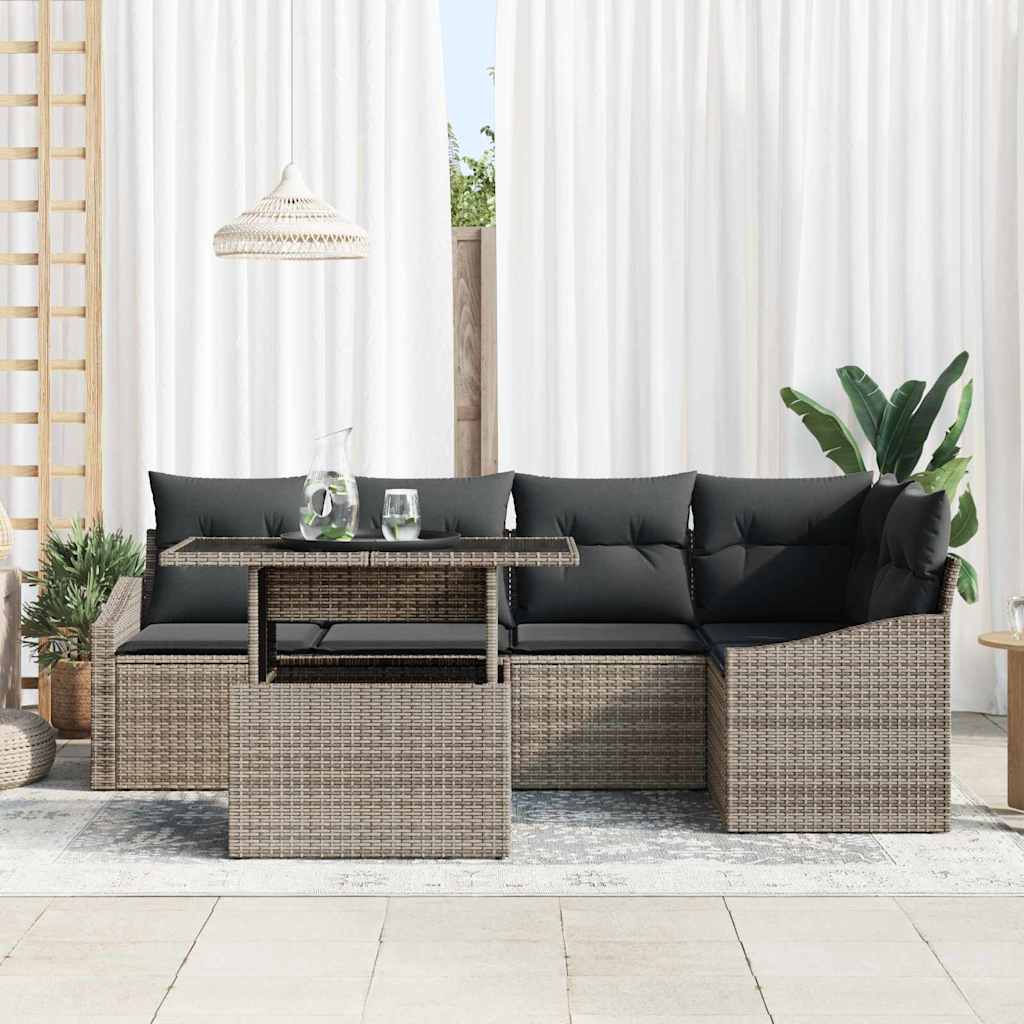 vidaXL 6-delige tuinset met grijze kussens van poly rattan