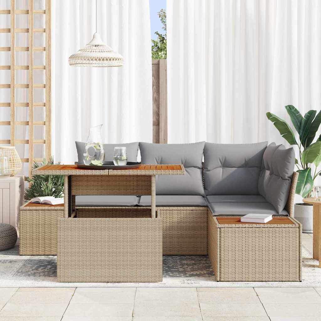 vidaXL 5-delige tuinset met beige kussens van poly riet en acacia