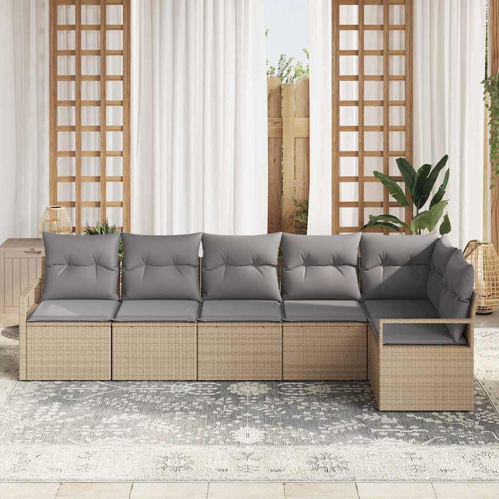 vidaXL 6-delige tuinbankset met kussens in beige poly rattan
