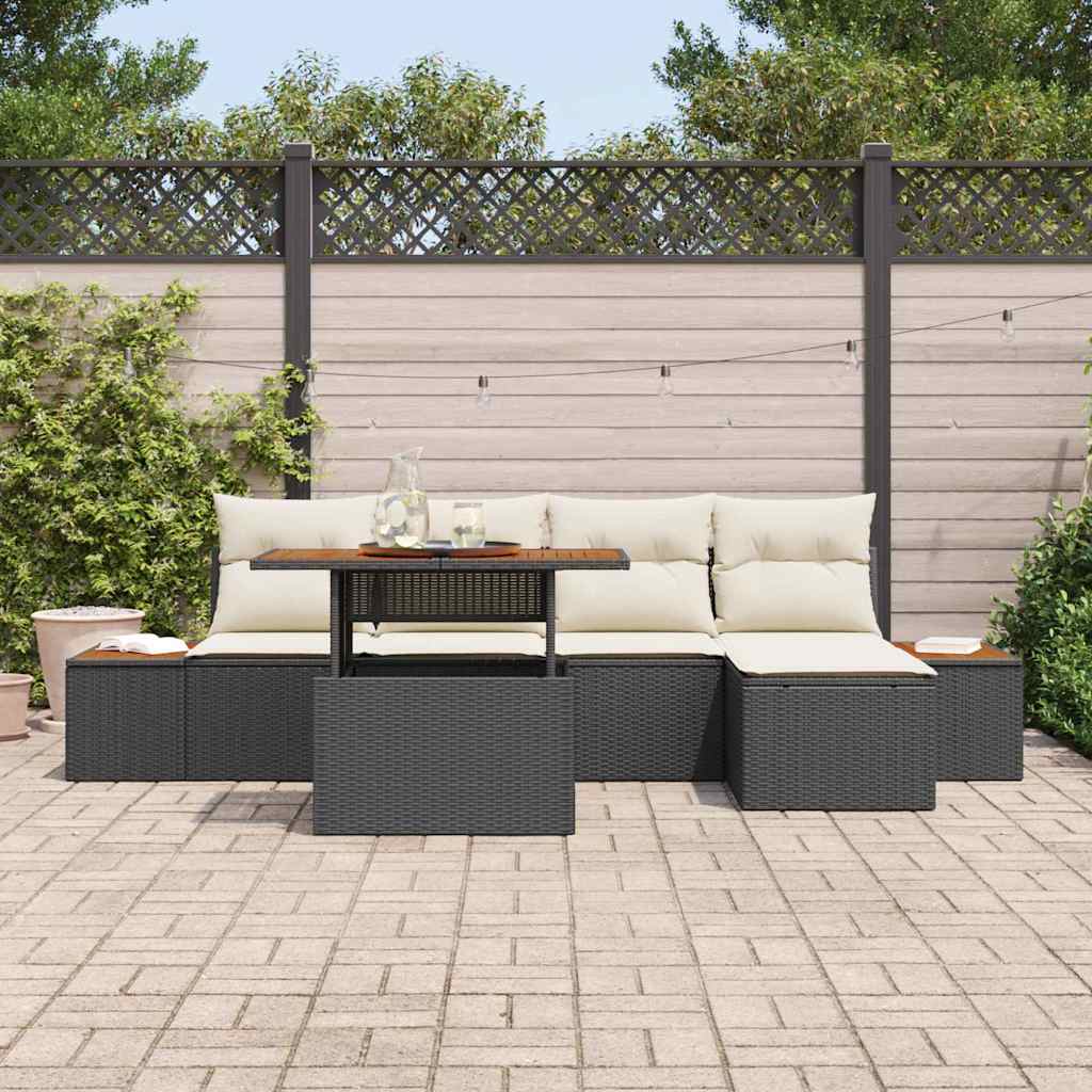 vidaXL 6-delige dinerset met kussens in zwart poly rattan en acaciahout