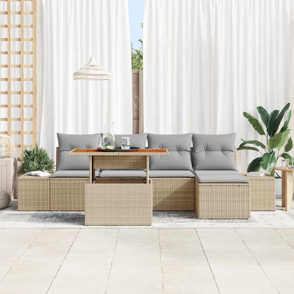 vidaXL 6-delige tuintafelset met kussens in beige poly rattan en acacia
