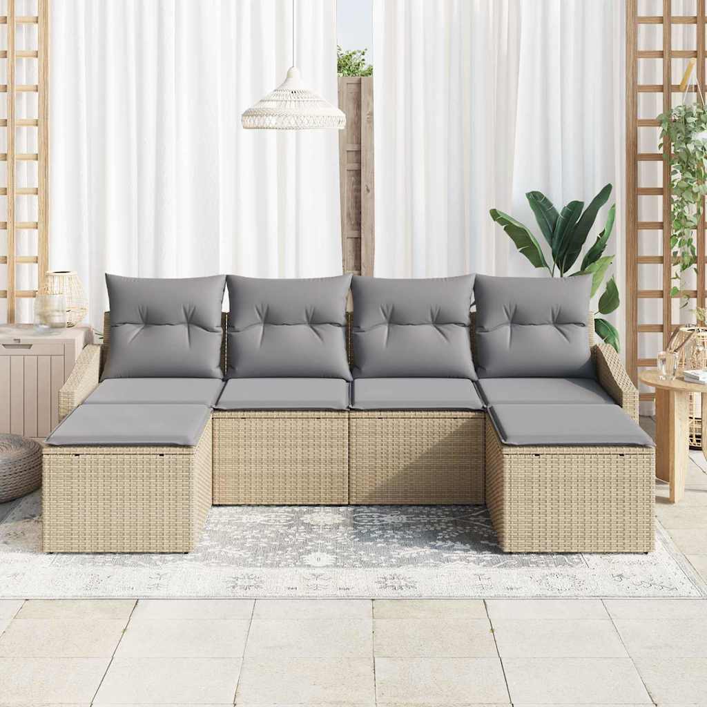 vidaXL 6-delige tuinset met kussens in beige poly rattan