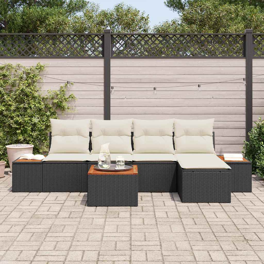 vidaXL 6-delige tuinset met kussens in zwart van poly rattan en acaciahout