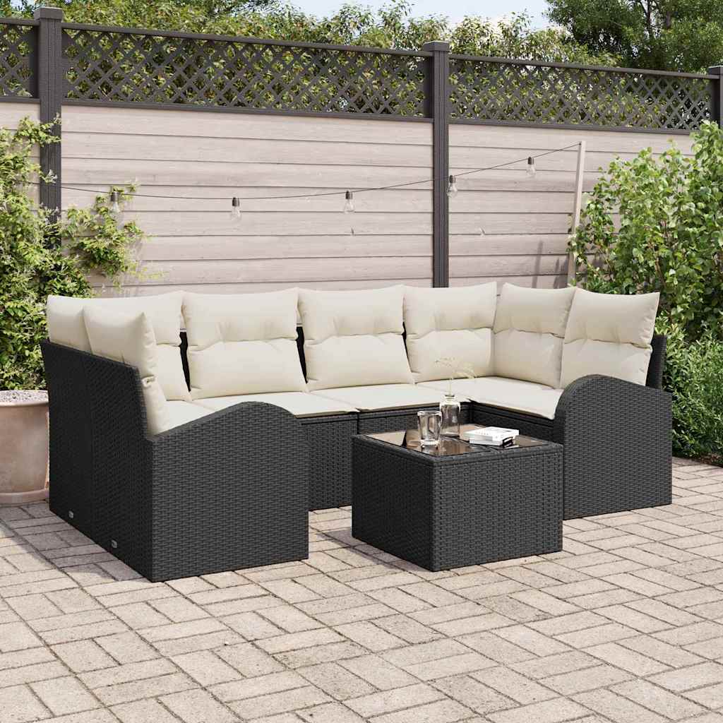 vidaXL 7-delige Tuinbankenset met kussens poly rattan zwart