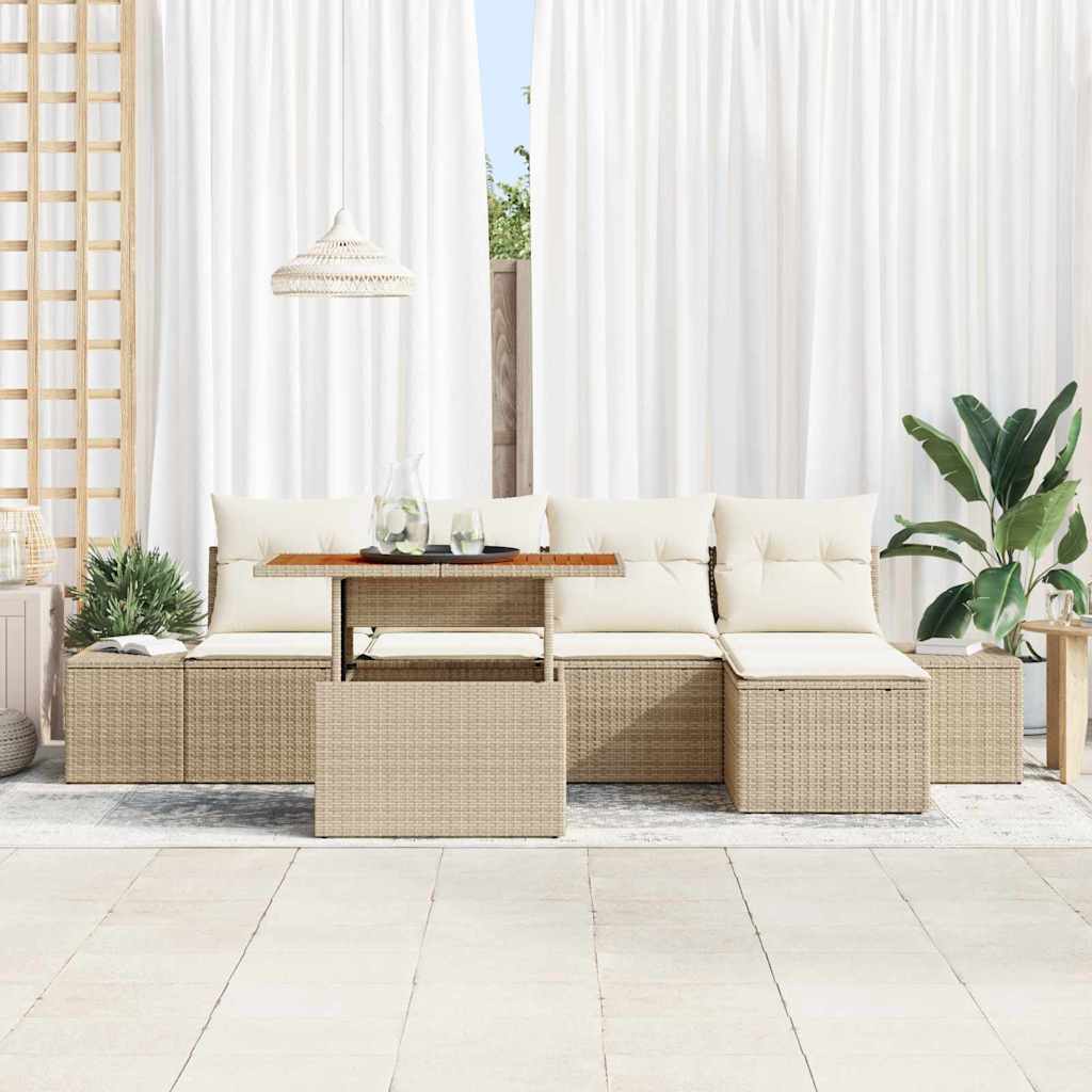 vidaXL 6-delige tuinset met kussens in beige, poly rattan en acacia