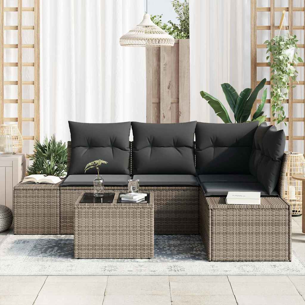 vidaXL 5-delige tuinset met kussens in grijs poly rattan