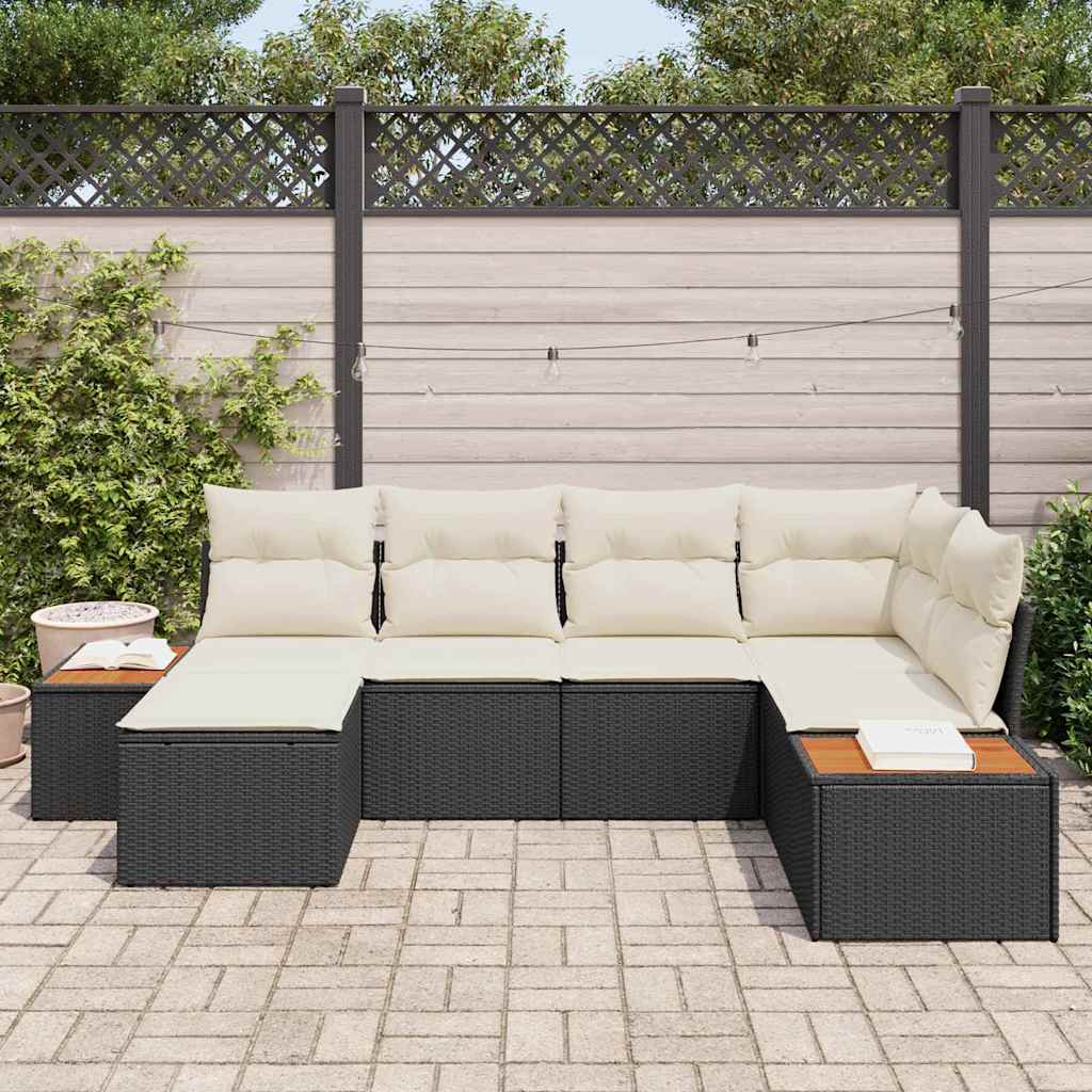 vidaXL 6 Delige Tuin Sofa Set met Kussens in Zwart van Poly Riet en Acacia.