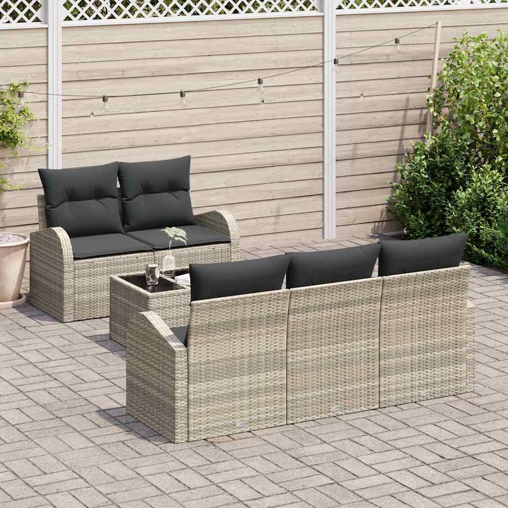 vidaXL 6-delige Tuinbankenset met kussens poly rattan lichtgrijs