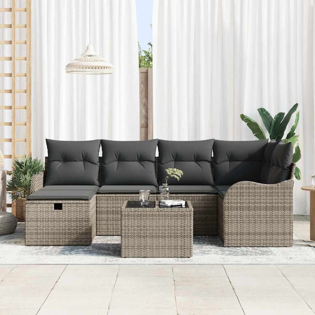 vidaXL 7-delige Tuinbankenset met kussens poly rattan grijs
