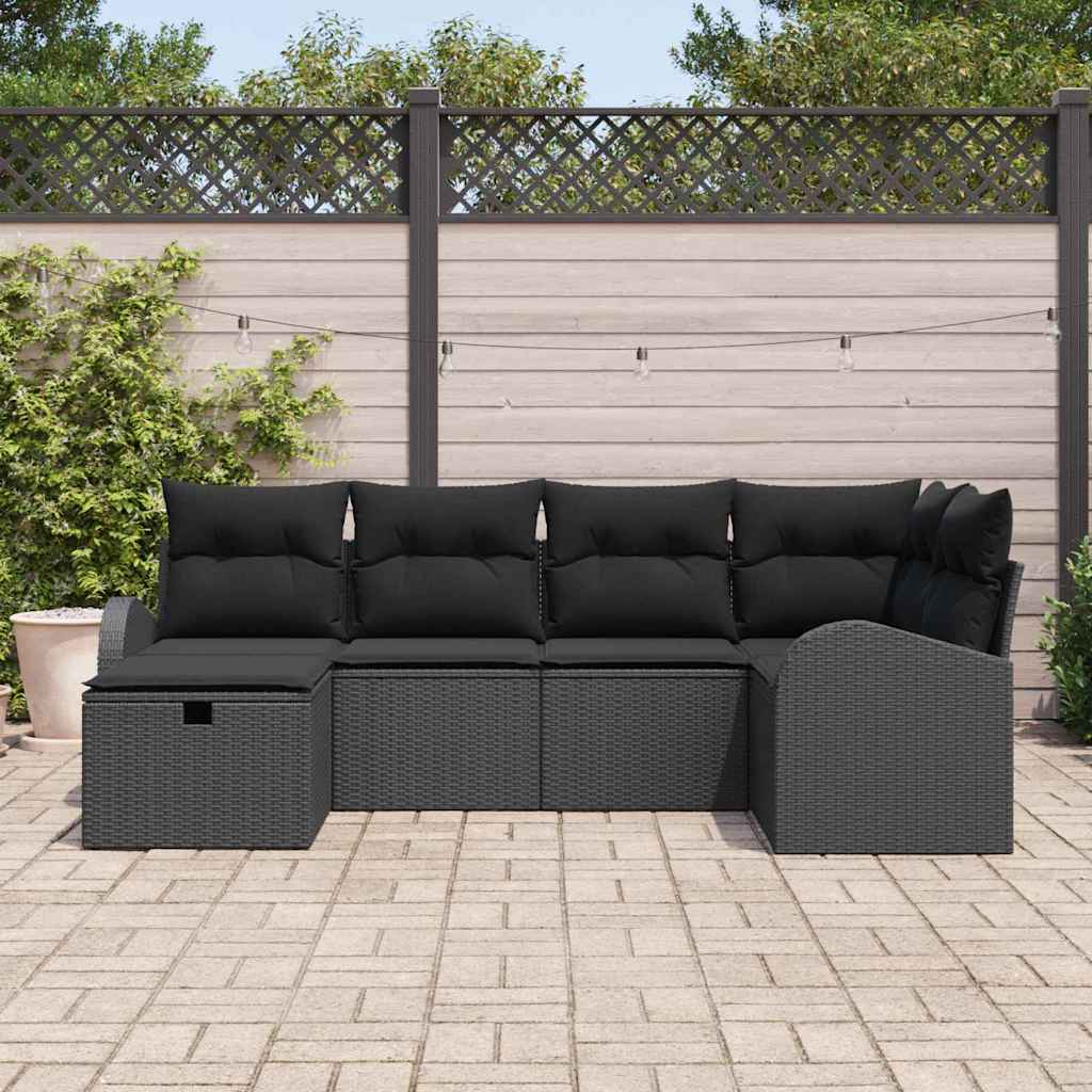 vidaXL 6-delige Tuinbankenset met kussens poly rattan zwart
