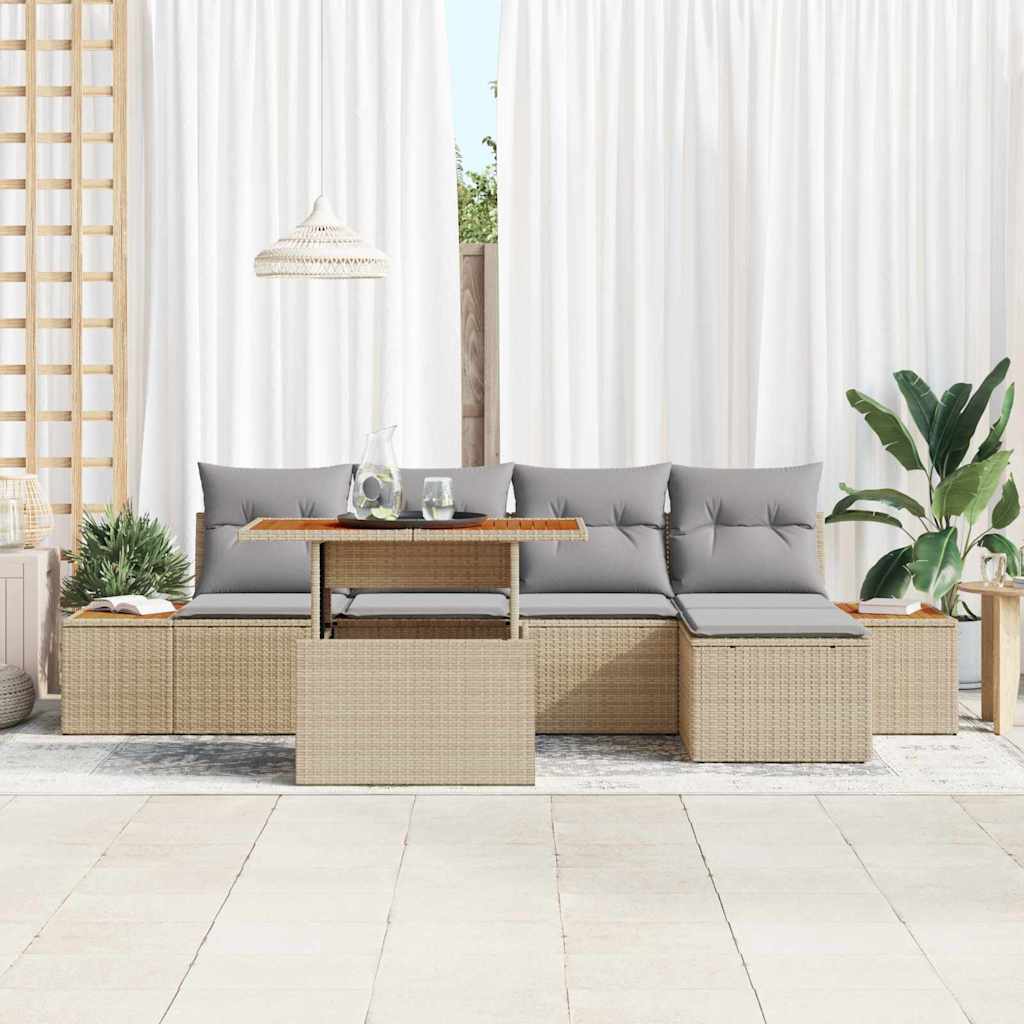 vidaXL 6 Delige Tuinset met Kussens - Beige Poly Rattan en Acacia