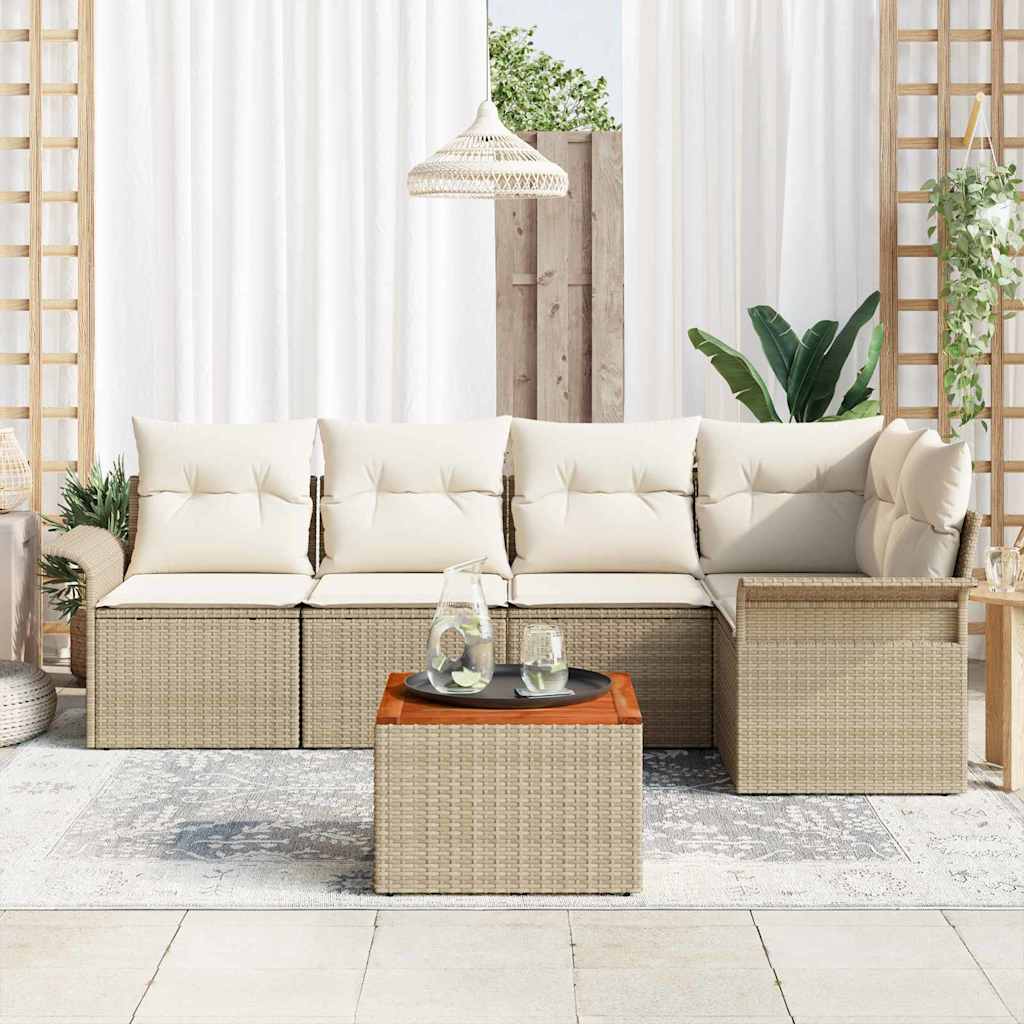 vidaXL 6-delige tuinsofa set met kussens in beige van poly rattan en acacia.