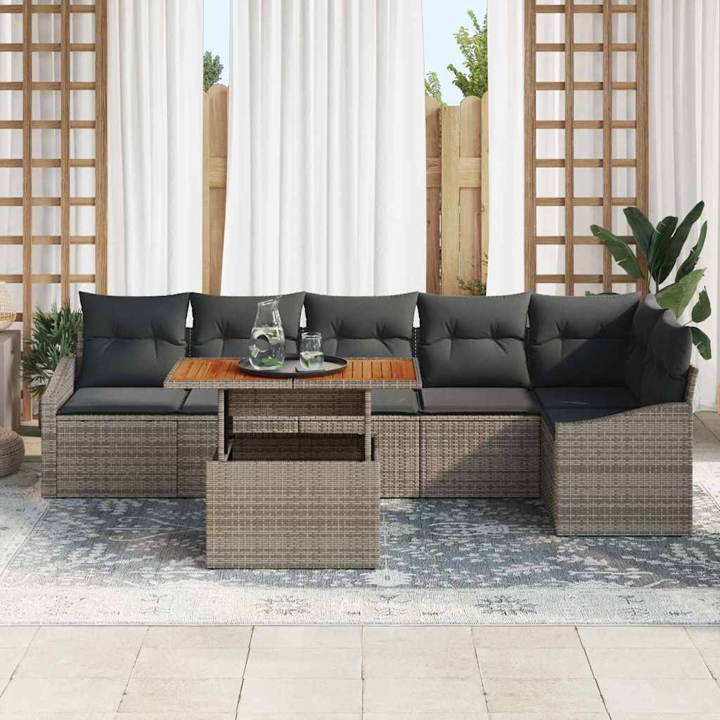 vidaXL 7-Delige Tuin Eetset met Kussens in Grijs, van Poly Rattan en Acacia