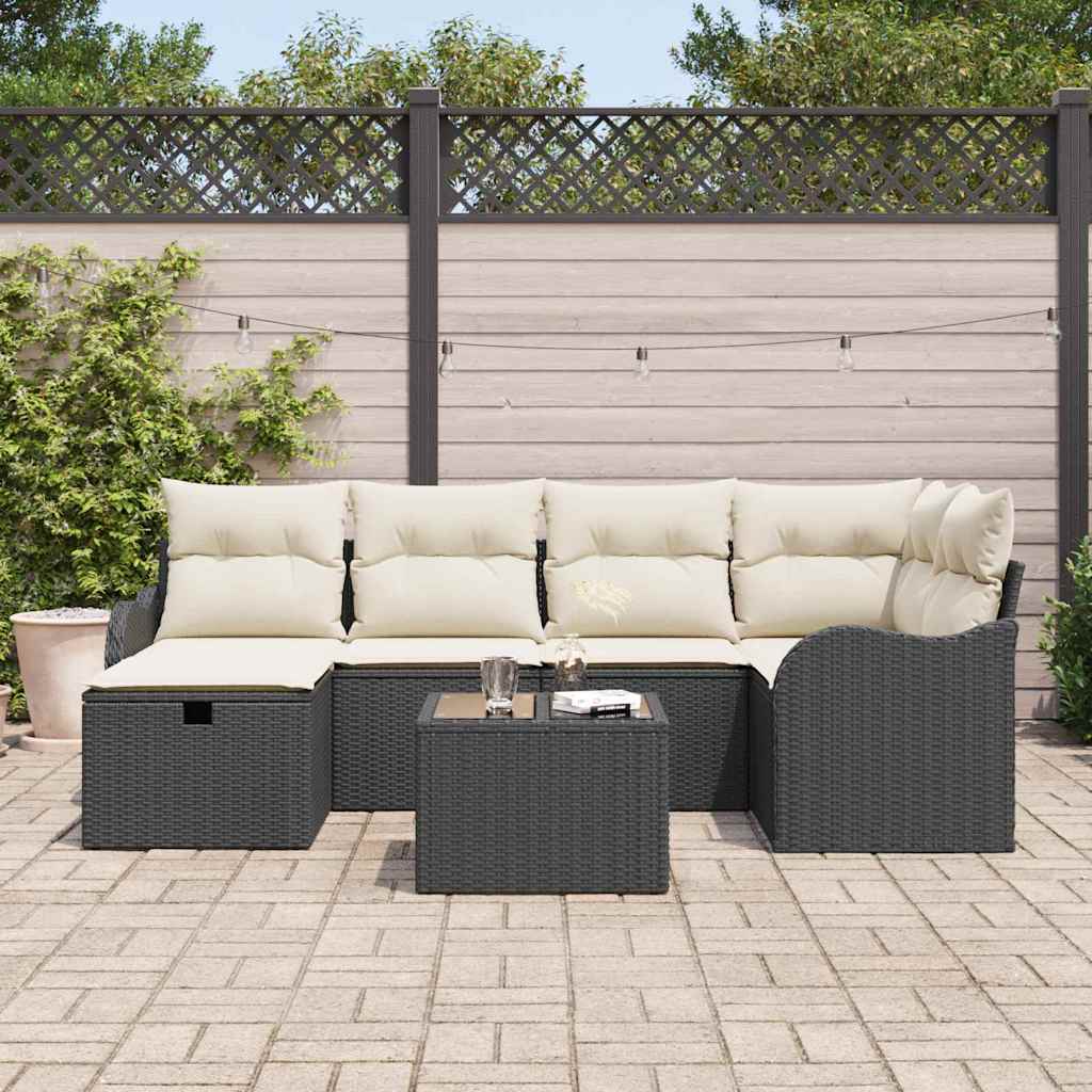 vidaXL 7-delige Tuinbankenset met kussens poly rattan zwart