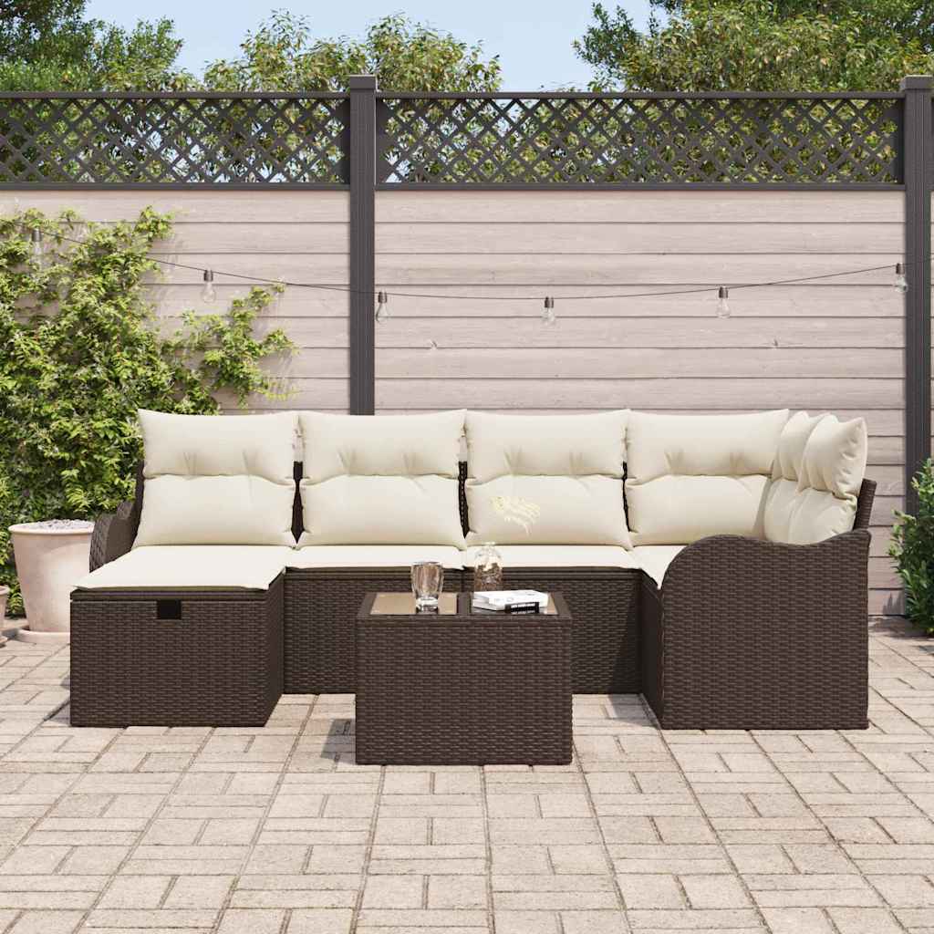 vidaXL 7-delige Tuinbankenset met kussens poly rattan bruin