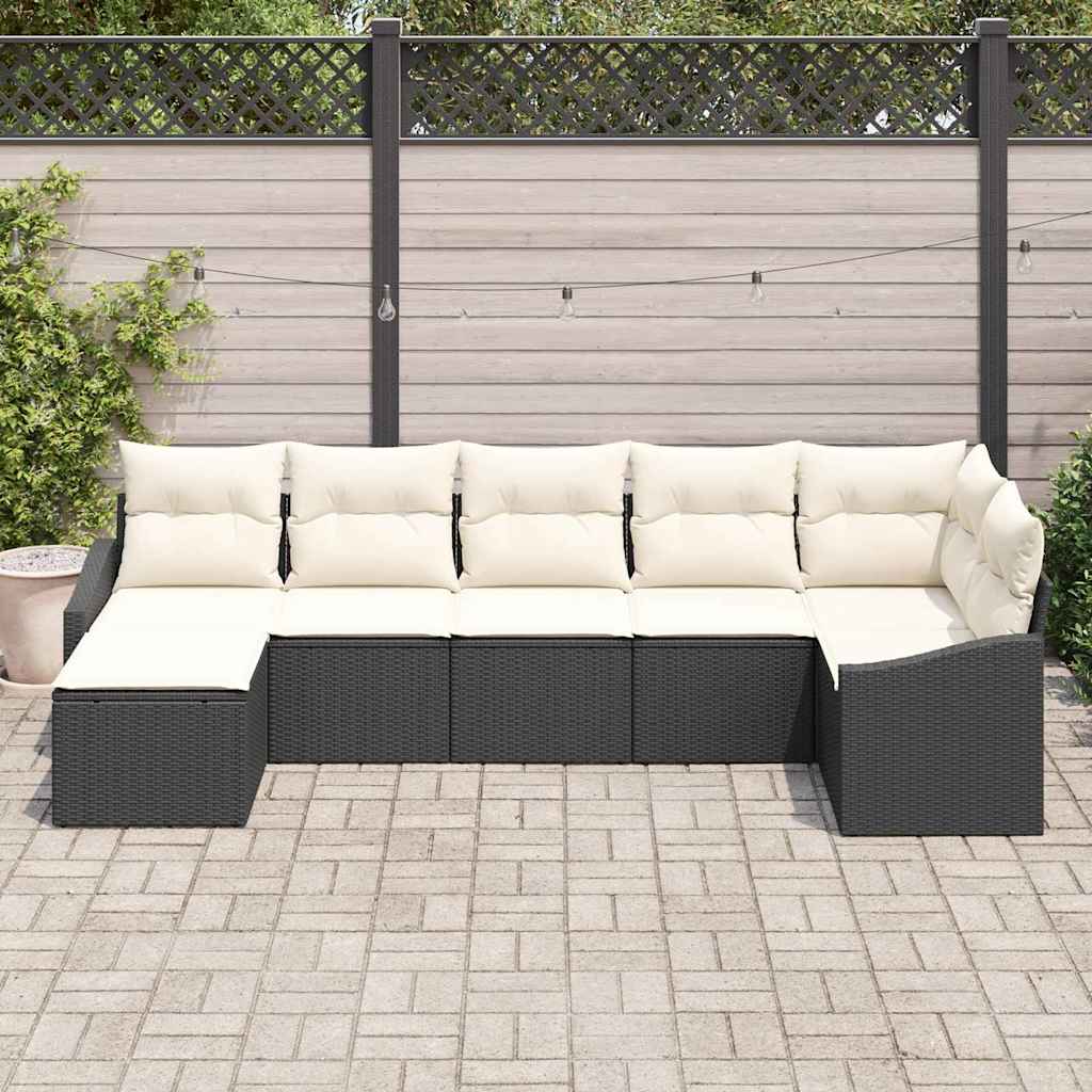 vidaXL 7-delige tuin eetset met kussens in zwart van poly rattan