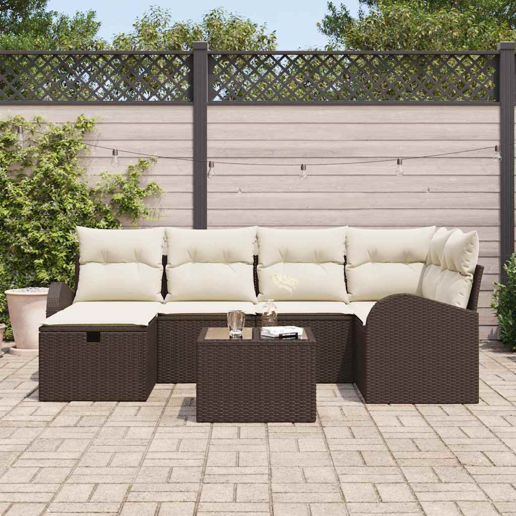 vidaXL 7-delige Tuinbankenset met kussens poly rattan bruin