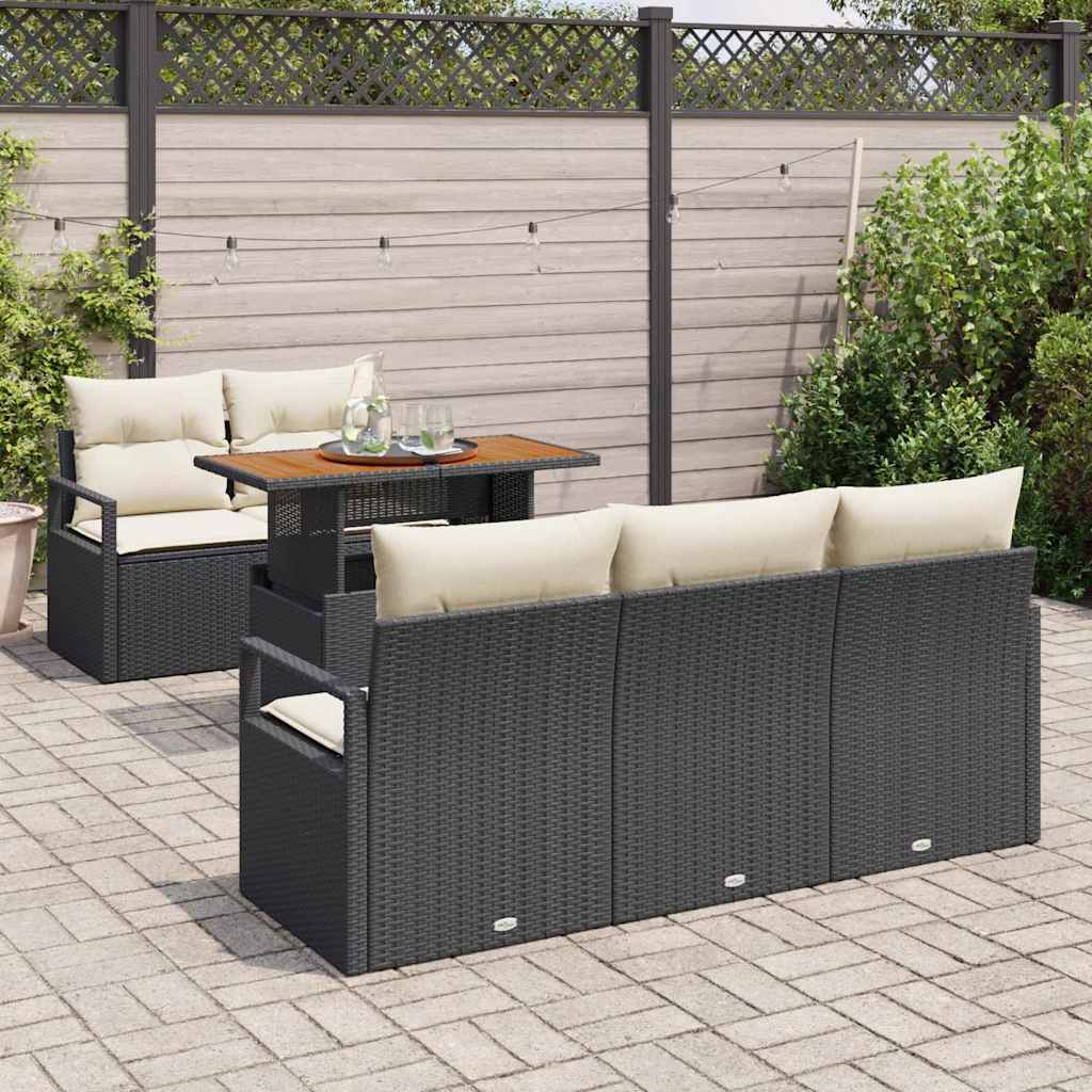 vidaXL 6-delige tuinset met kussens in zwart poly rattan en acacia.