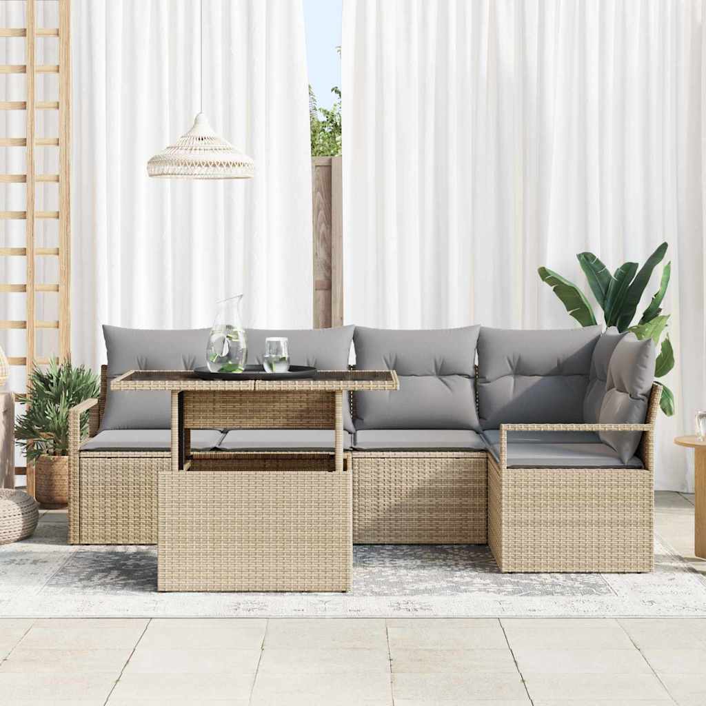 vidaXL 6-delige tuinset met kussens in beige poly rattan