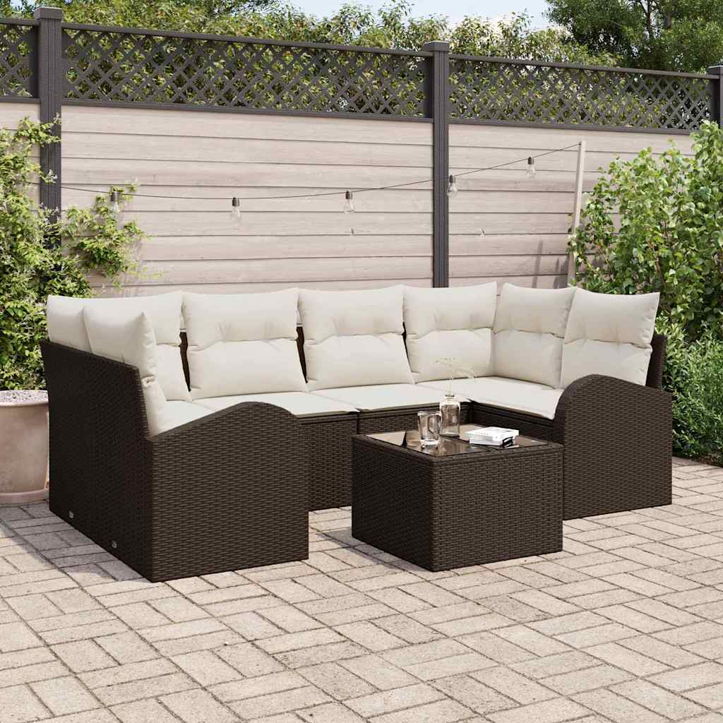 vidaXL 7-delige Tuinbankenset met kussens poly rattan bruin