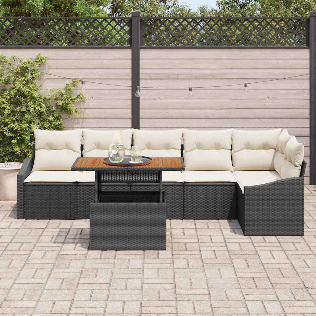 vidaXL 7-delige tuintafelset met kussens, zwart poly riet, acacia