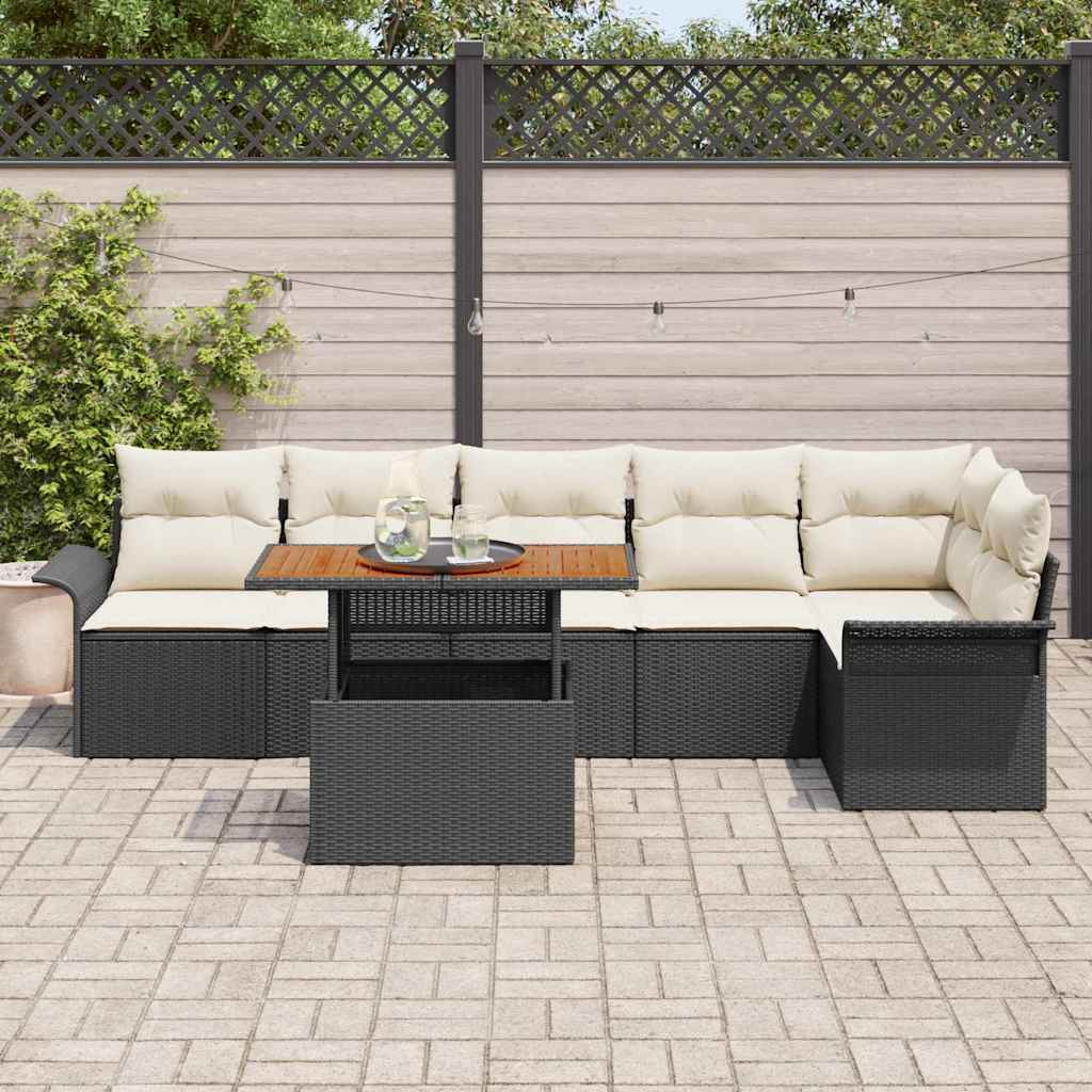 vidaXL 7-delige tuinset met kussens in zwart poly rattan en acaciahout