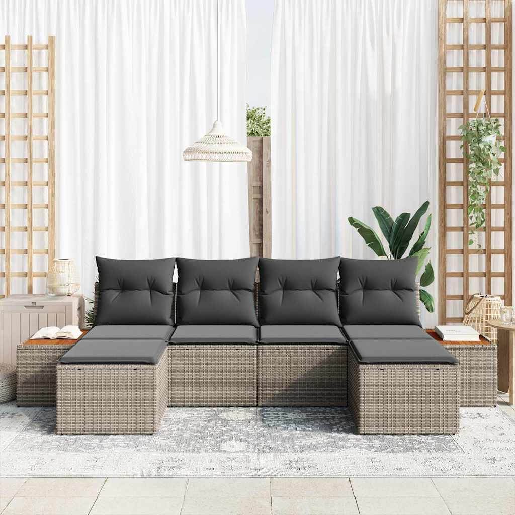 vidaXL 6-Delige Tuinset met Kussens - Grijs Poly Rattan en Acacia