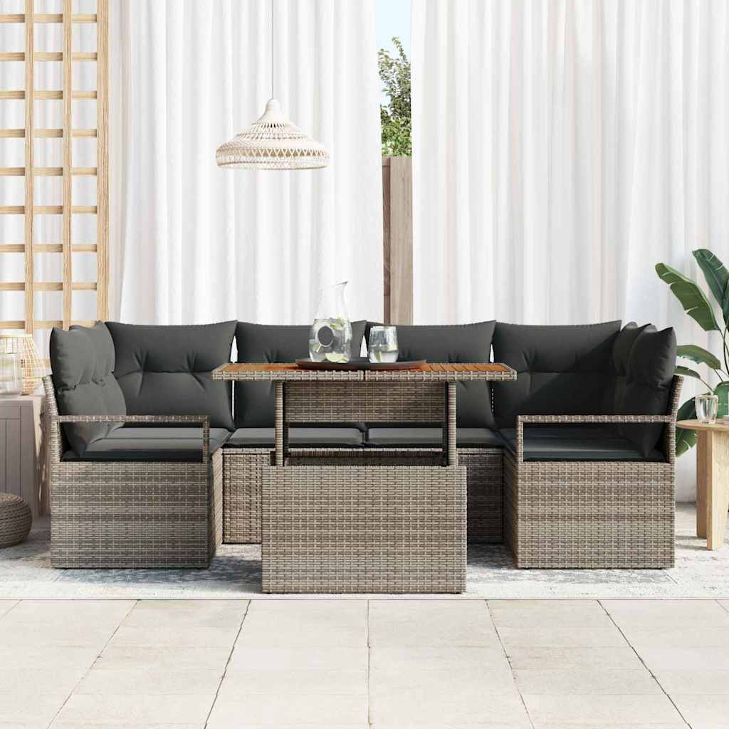 vidaXL 7-delige tuinset met kussens in grijs poly rattan en acacia