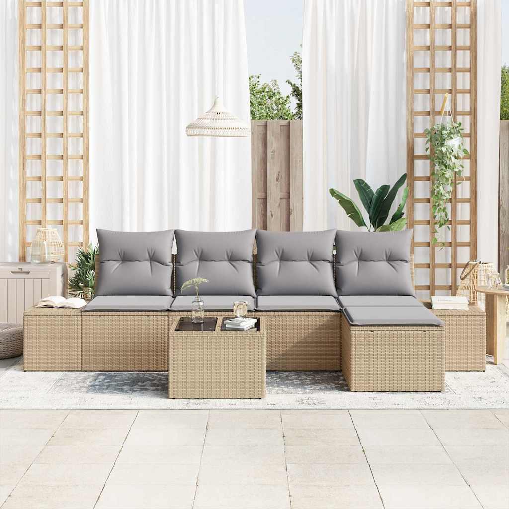 vidaXL 6-delige tuinbankset met kussens, beige poly rattan