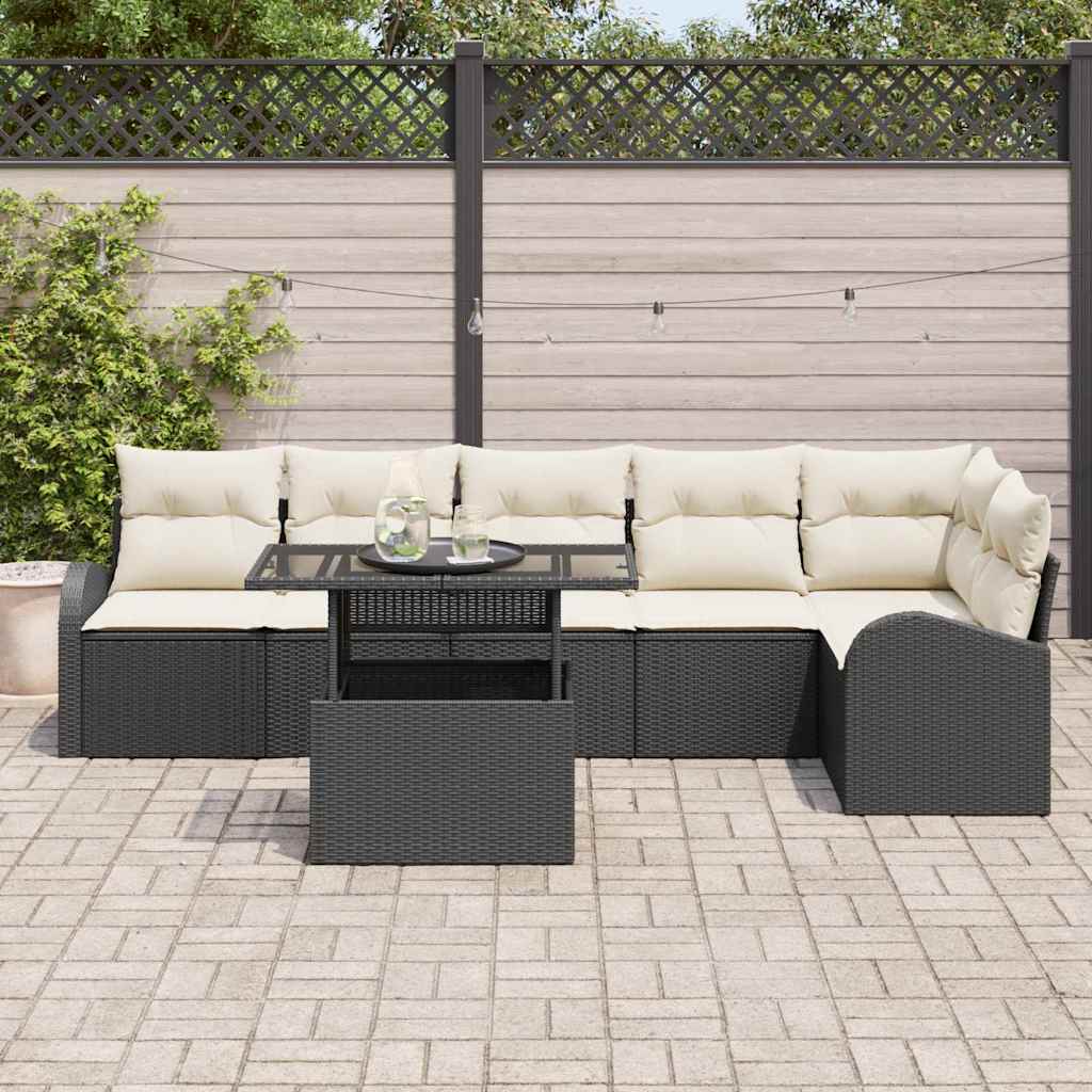 vidaXL 7-delige tuinset met kussens Zwart poly rattan