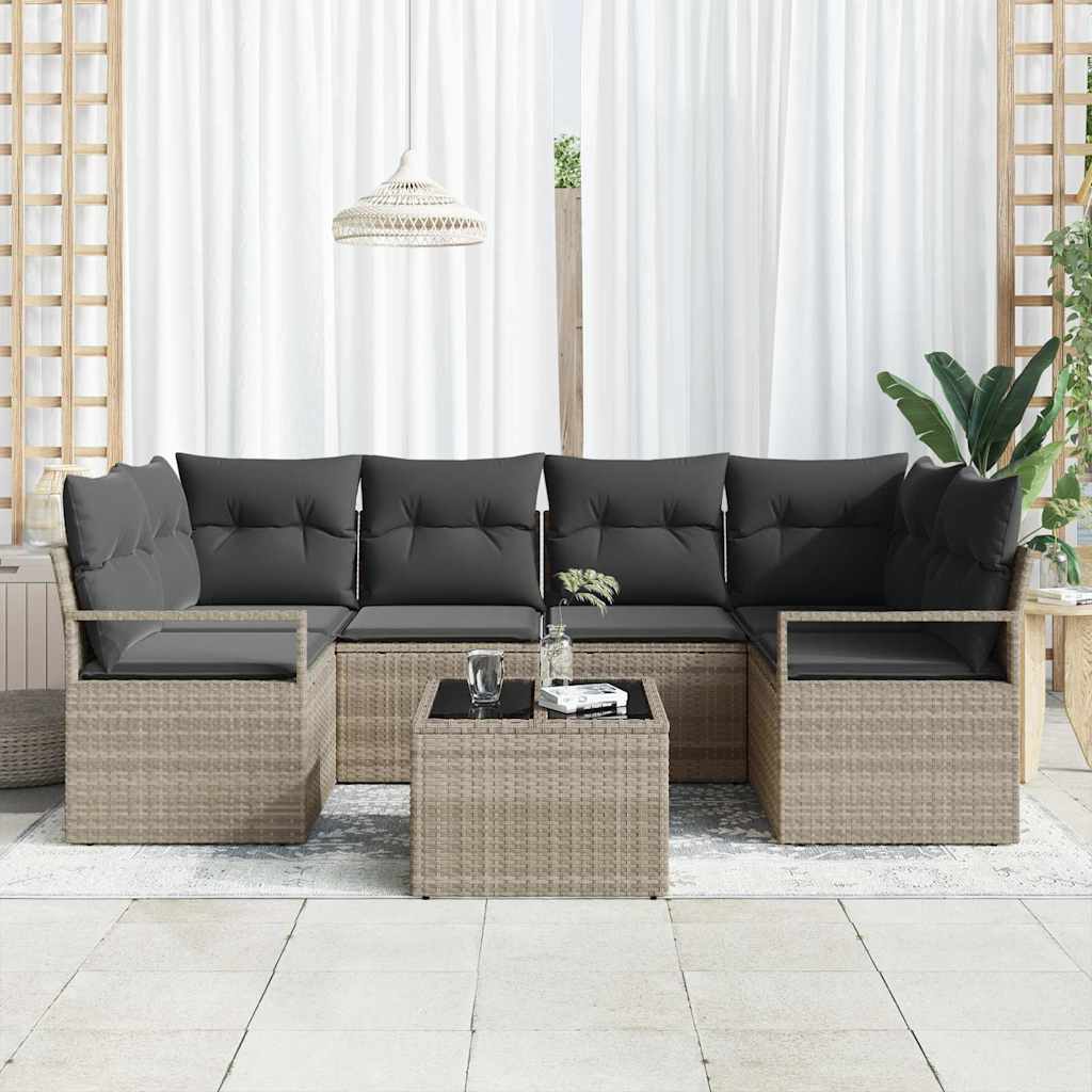 vidaXL 7-delige tuinset met kussens in lichtgrijs poly rattan