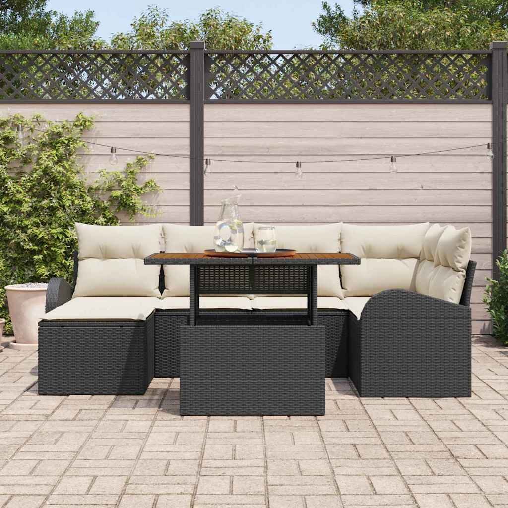 vidaXL 7-delige tuinset met kussens - zwart poly rattan en acacia