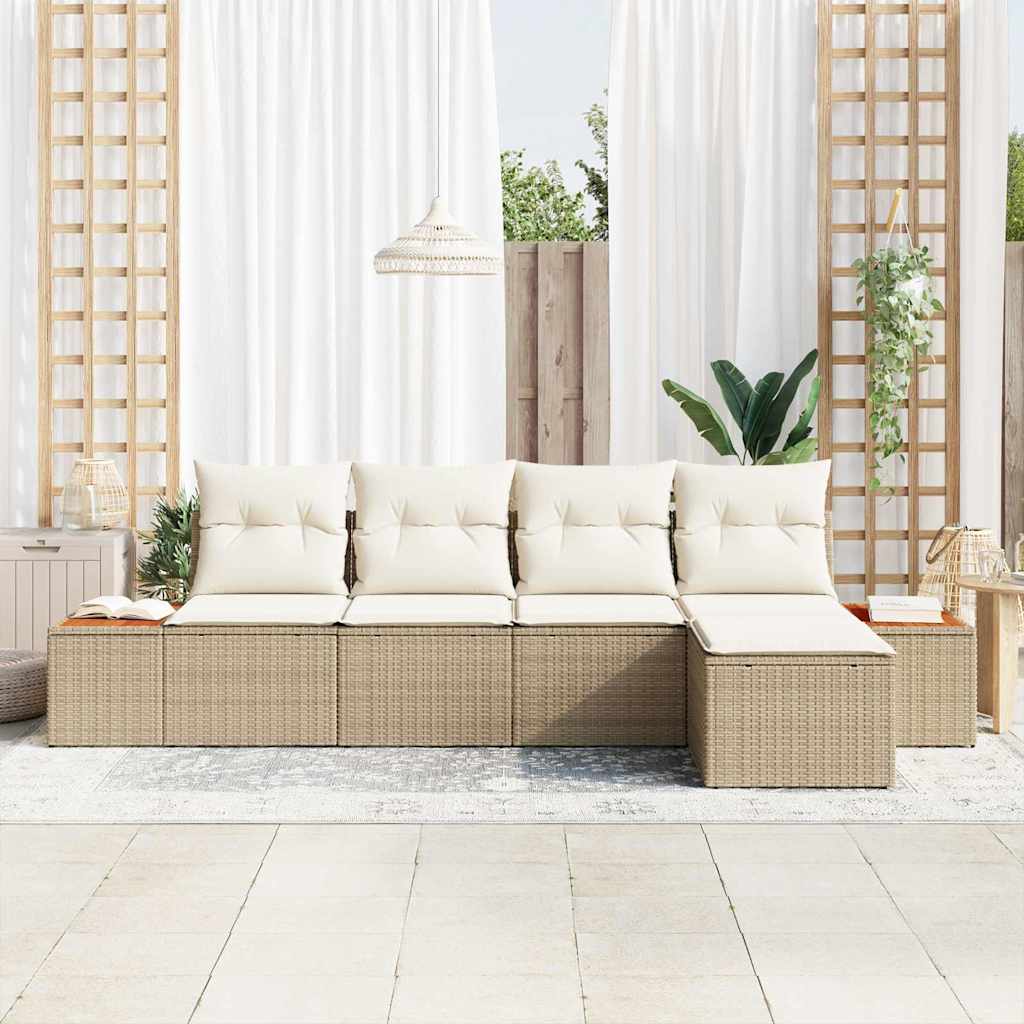 vidaXL 5-delige Tuin Sofa Set met Kussens in Beige van Poly Riet en Acacia.