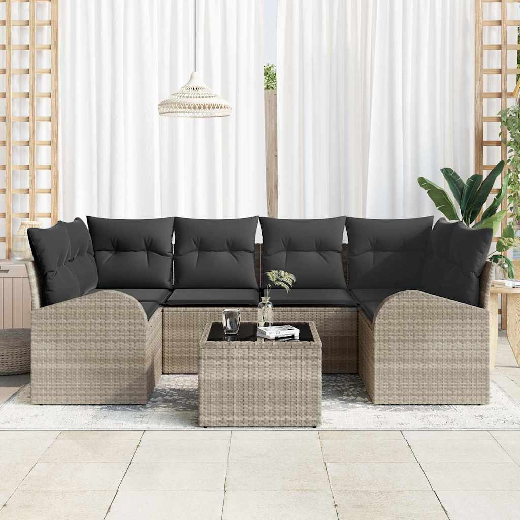vidaXL 7-delige Tuinbankenset met kussens poly rattan lichtgrijs