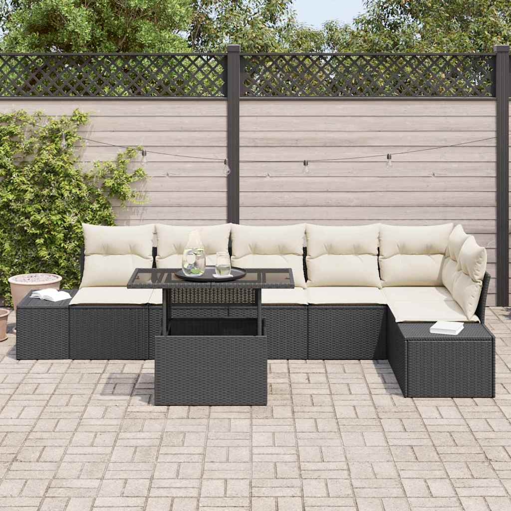 vidaXL 7-delige tuinset met kussens in zwart poly rattan