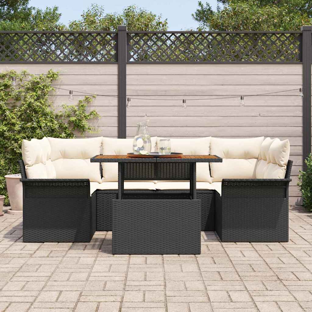 vidaXL 7-delige tuinset met kussens, zwart poly rattan en acacia