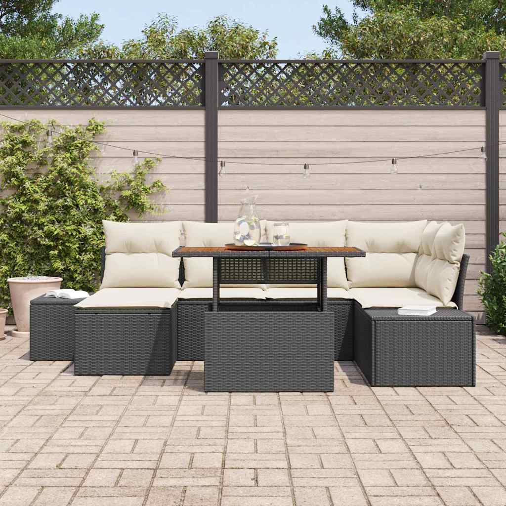 vidaXL 7-delige tuinset met kussens in zwart poly rattan