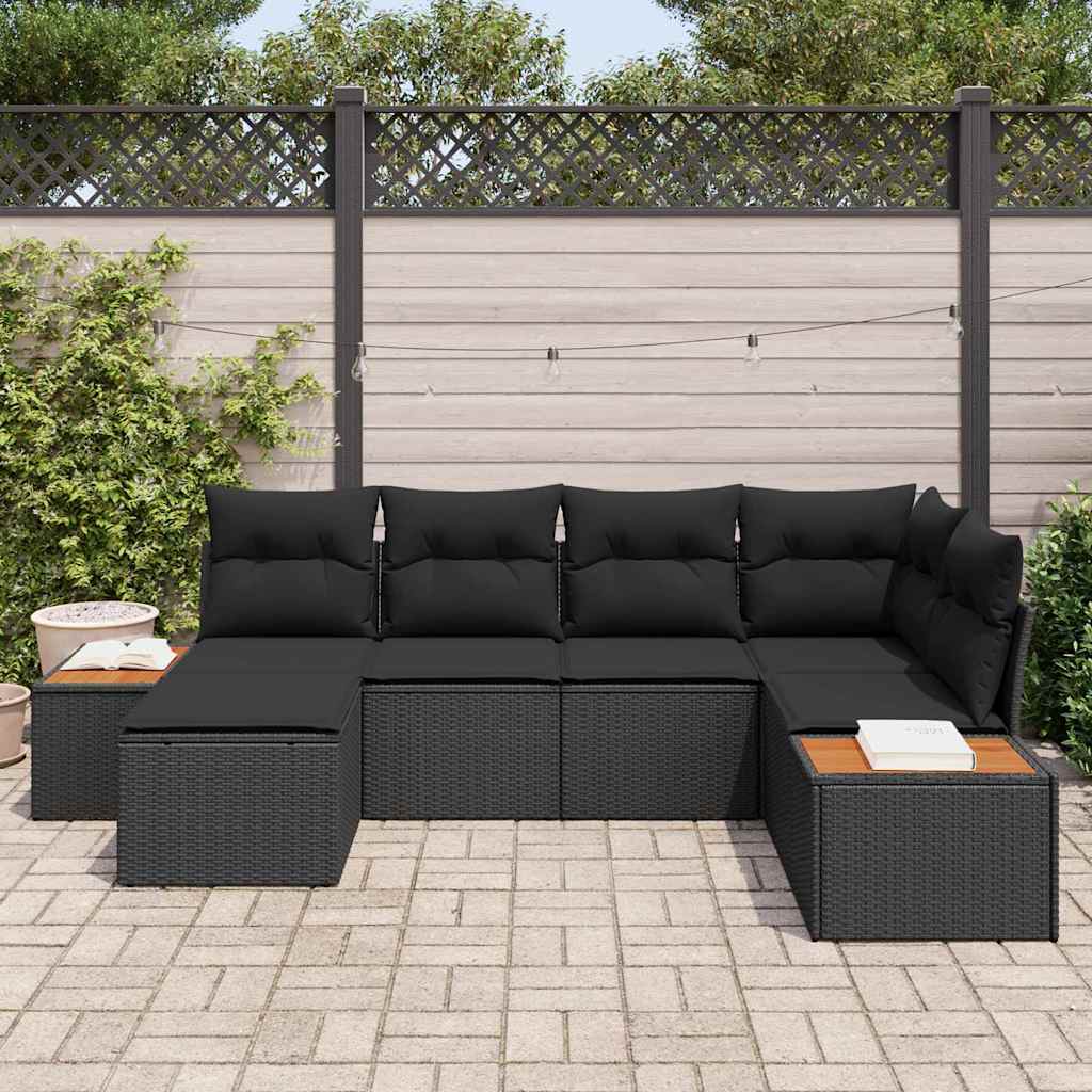 vidaXL 6-delige Tuinbank Set met Kussens - Zwart Poly Riet en Acacia