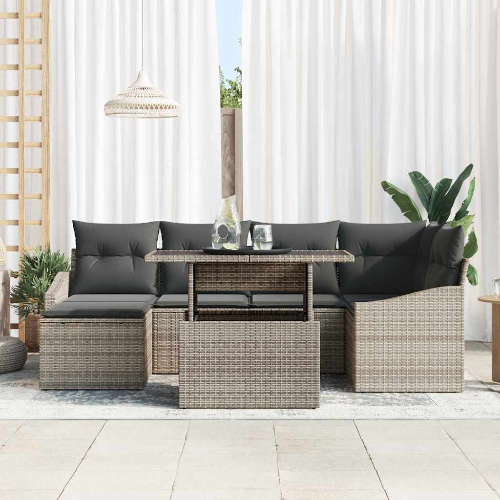 vidaXL 7-delige tuinsofa set met kussens, grijs poly riet