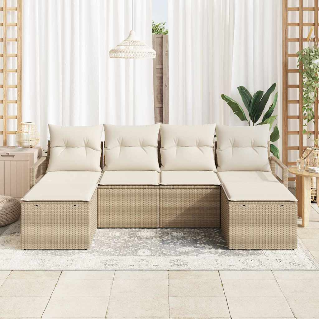 vidaXL 6-delige tuinset met kussens in beige van poly riet